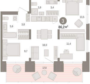 3-к квартира, вторичка, 86м2, 1/15 этаж