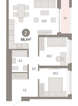 2-к квартира, вторичка, 66м2, 21/23 этаж