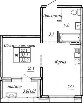 1-к квартира, строящийся дом, 34м2, 8/15 этаж