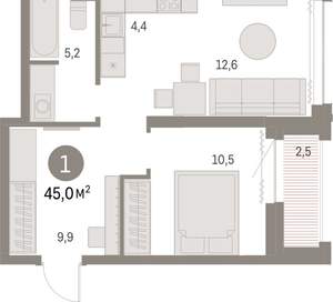 1-к квартира, вторичка, 45м2, 18/30 этаж