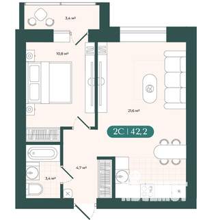 2-к квартира, вторичка, 42м2, 4/9 этаж