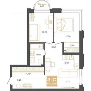 3-к квартира, строящийся дом, 68м2, 9/24 этаж