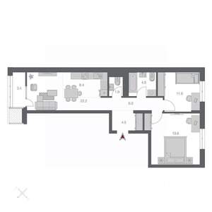 3-к квартира, строящийся дом, 74м2, 6/24 этаж