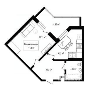 1-к квартира, вторичка, 44м2, 2/17 этаж