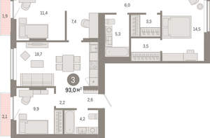 3-к квартира, вторичка, 93м2, 3/12 этаж