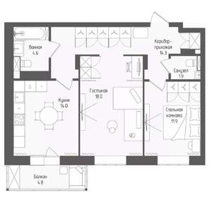 2-к квартира, вторичка, 66м2, 5/18 этаж