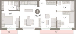 2-к квартира, вторичка, 70м2, 9/12 этаж