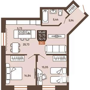 3-к квартира, вторичка, 73м2, 2/19 этаж