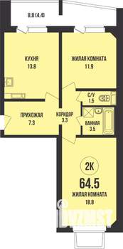 2-к квартира, строящийся дом, 65м2, 12/13 этаж