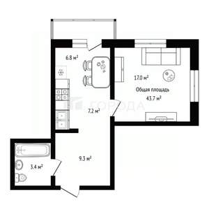 1-к квартира, вторичка, 44м2, 2/20 этаж