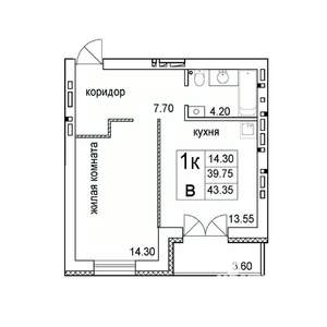1-к квартира, строящийся дом, 43м2, 6/8 этаж