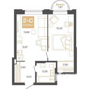 2-к квартира, строящийся дом, 49м2, 7/24 этаж