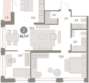2-к квартира, вторичка, 85м2, 21/30 этаж