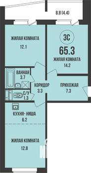 2-к квартира, строящийся дом, 65м2, 9/13 этаж