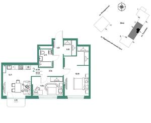2-к квартира, вторичка, 62м2, 6/9 этаж