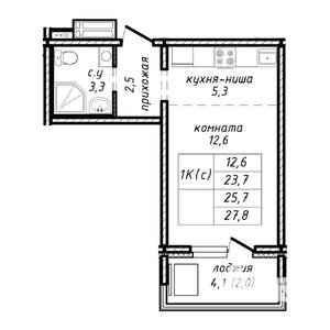 1-к квартира, строящийся дом, 26м2, 16/17 этаж