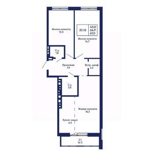 3-к квартира, вторичка, 67м2, 6/14 этаж