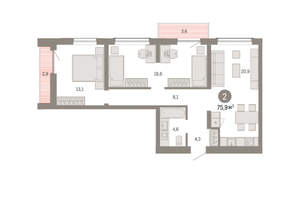 2-к квартира, вторичка, 76м2, 6/8 этаж