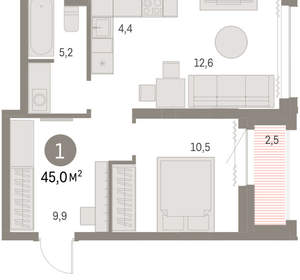 1-к квартира, вторичка, 45м2, 26/30 этаж