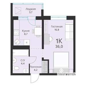 1-к квартира, вторичка, 36м2, 9/16 этаж