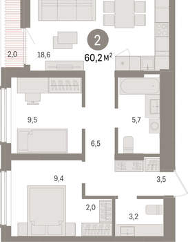 2-к квартира, вторичка, 60м2, 14/15 этаж