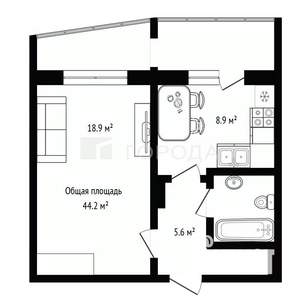 1-к квартира, вторичка, 44м2, 8/12 этаж