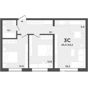 2-к квартира, вторичка, 62м2, 1/9 этаж