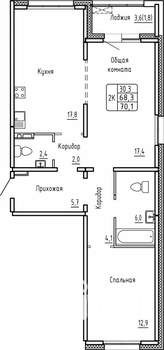 2-к квартира, вторичка, 70м2, 1/14 этаж