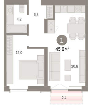 1-к квартира, вторичка, 46м2, 1/23 этаж