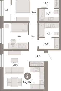 2-к квартира, вторичка, 67м2, 7/15 этаж