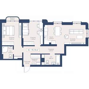 3-к квартира, вторичка, 70м2, 7/24 этаж