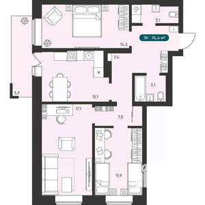 3-к квартира, вторичка, 76м2, 14/25 этаж