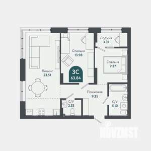 3-к квартира, строящийся дом, 63м2, 22/25 этаж