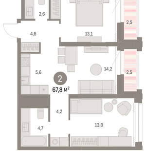 2-к квартира, вторичка, 67м2, 22/30 этаж