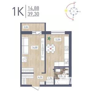 1-к квартира, строящийся дом, 39м2, 13/17 этаж