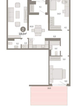 2-к квартира, вторичка, 115м2, 1/15 этаж