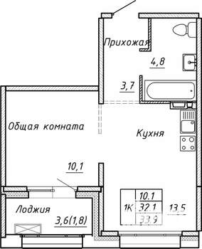 1-к квартира, строящийся дом, 34м2, 8/15 этаж
