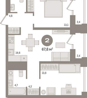 2-к квартира, вторичка, 68м2, 19/30 этаж