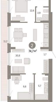 2-к квартира, вторичка, 75м2, 8/12 этаж