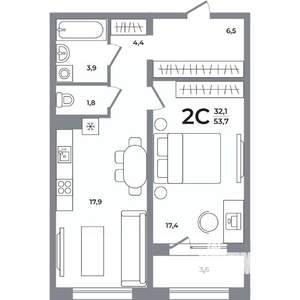 2-к квартира, вторичка, 54м2, 3/17 этаж