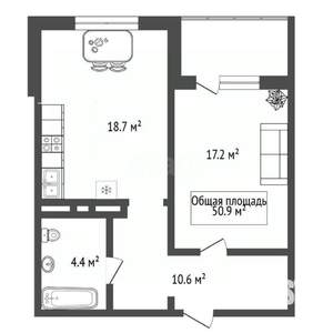 1-к квартира, вторичка, 51м2, 2/25 этаж