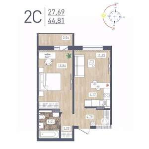 2-к квартира, строящийся дом, 45м2, 10/17 этаж