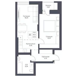2-к квартира, вторичка, 52м2, 12/24 этаж