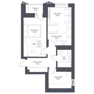 2-к квартира, вторичка, 53м2, 3/24 этаж