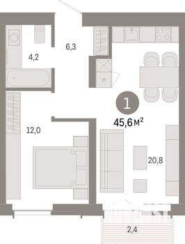 1-к квартира, вторичка, 46м2, 1/23 этаж