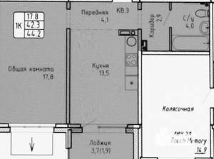 1-к квартира, вторичка, 44м2, 1/17 этаж