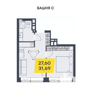 1-к квартира, строящийся дом, 32м2, 16/29 этаж
