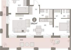 2-к квартира, вторичка, 107м2, 28/30 этаж