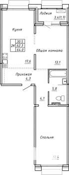 2-к квартира, вторичка, 64м2, 2/15 этаж