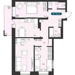 3-к квартира, вторичка, 76м2, 16/25 этаж